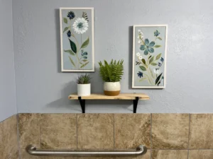 Two botanical paintings hang above a small shelf with potted plants on a tiled bathroom wall with a metal grab bar.