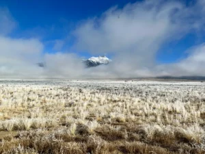 Snow-capped mountain peak partially obscured by clouds above a frosty, grassy plain under a blue sky.